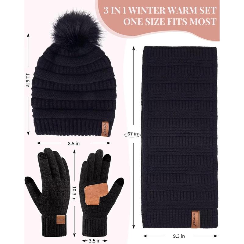 Womens Winter Beanie Scarf Gloves Set, Pom Pom Hat with Warm Fleece Lined Long Knit Scarf Touchscreen Gloves for Cold Weather