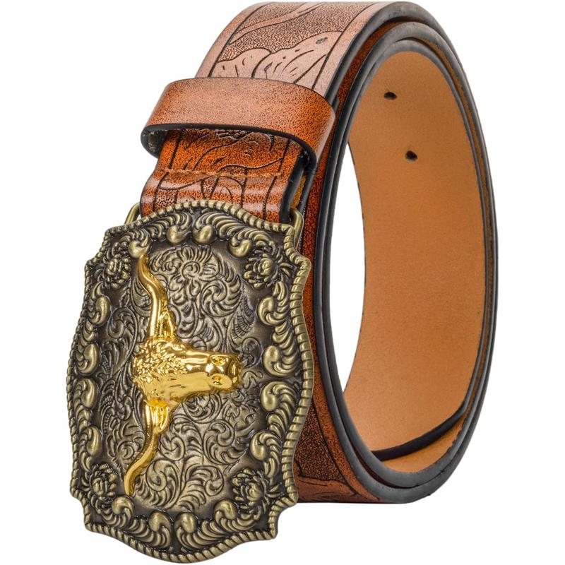 Western PU-Leather Cowboy Buckle Belt for Men and Women Jeans Engraved Floral Longhorn Bull Buckle Belt (27-40" waist)