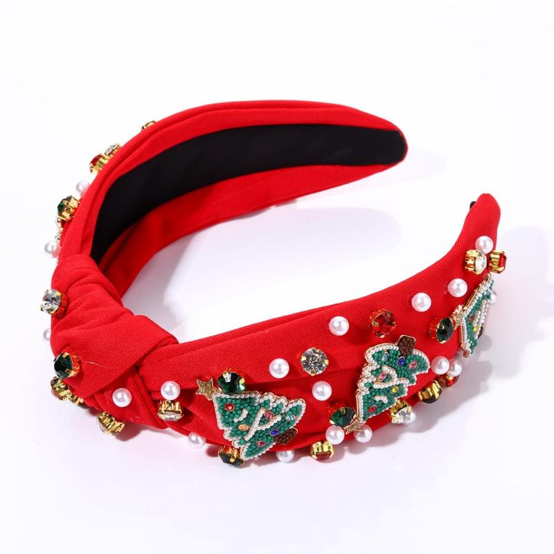 Christmas Headband for Women Holiday Christmas Accessories Beaded  Bow Tree Snowflake HOHOHO Knotted Headband Red Green Crystal Pearl Top Knot Headband Festive Holiday Gifts (Xmas Tree 3)