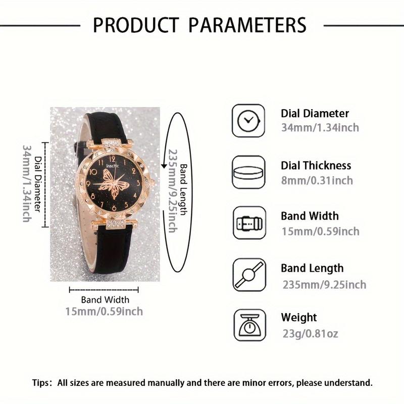 6-Piece Set Fashion Butterfly Quartz Watch with Jewelry Suit-Elegant Rhinestone, Imitation Leather Strap-Christmas, Valentine's Day Perfect Gift for Women,letter necklace