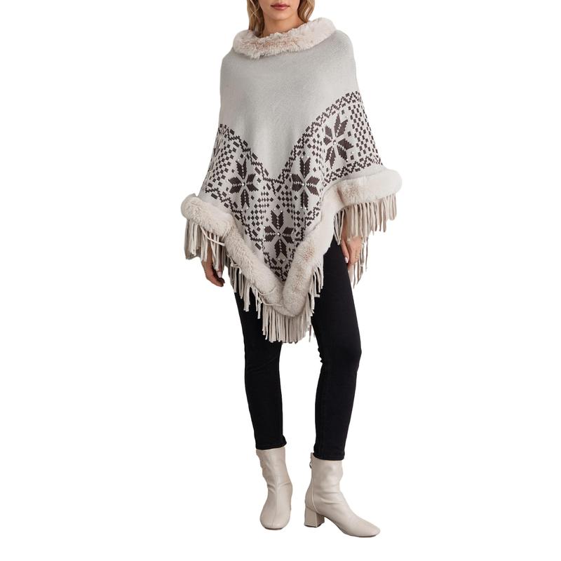 Women's Autumn Winter Poncho Sweater Plush Collar Boho Tassel Cape Knitwear Tops