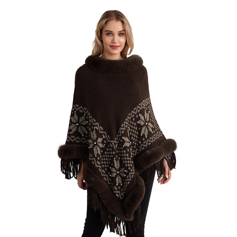 Women's Autumn Winter Poncho Sweater Plush Collar Boho Tassel Cape Knitwear Tops