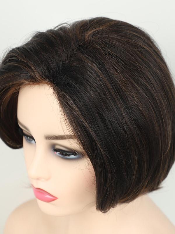 Short Straight Bob Wigs for Women, Gorgeous Fluffy Wigs with Side Swept Bangs, Synthetic Full Machine Wigs for Party, Daily Use