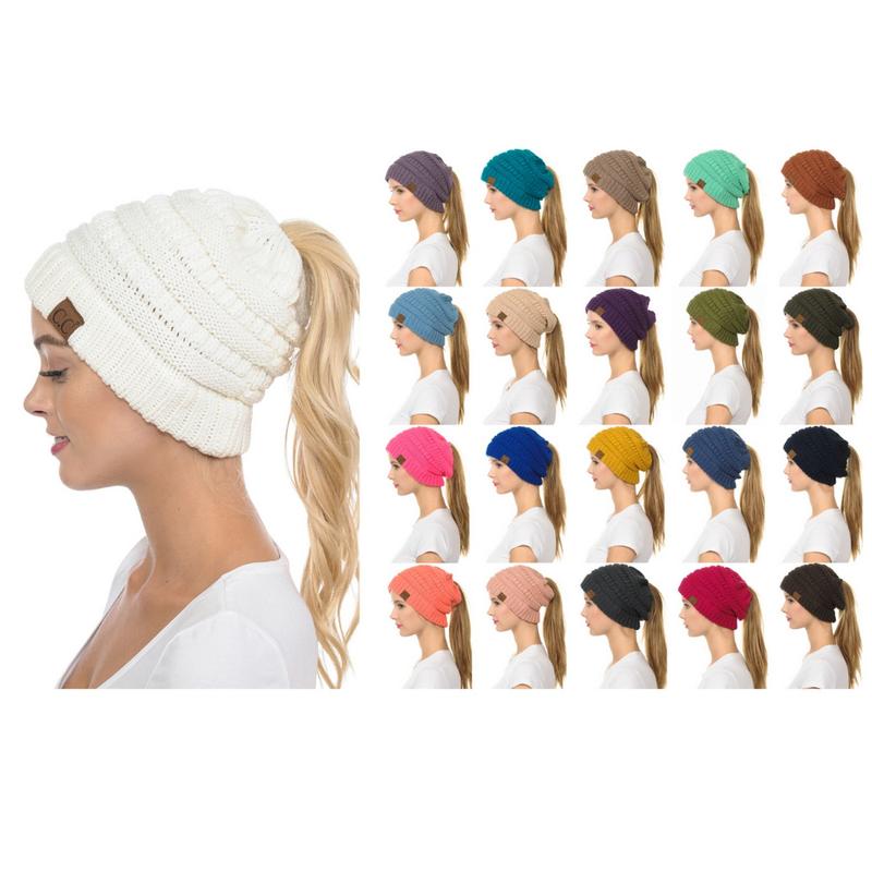 Soft Stretch Cable Knit Warm Hat High Bun Ponytail Beanie - C.C Solid MB20A