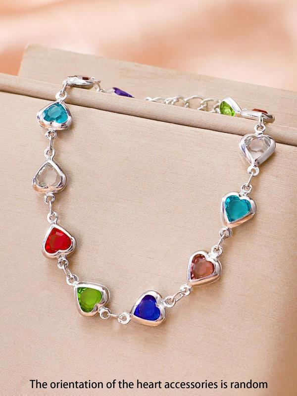 Colorful Heart Design Link Bracelet, Rhinestone Decor Jewelry for Party, Daily Clothing Decor, Trendy All-match & Exquisite Jewelry for Fall Festival Birthday Gift