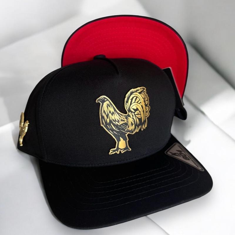 Rooster Hat  with a rooster pin on the right side  SnapBack Adjustable.