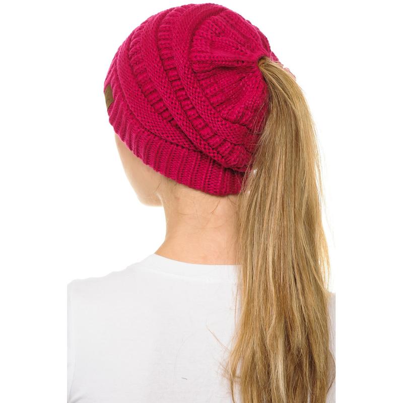 Soft Stretch Cable Knit Warm Hat High Bun Ponytail Beanie - C.C Solid MB20A