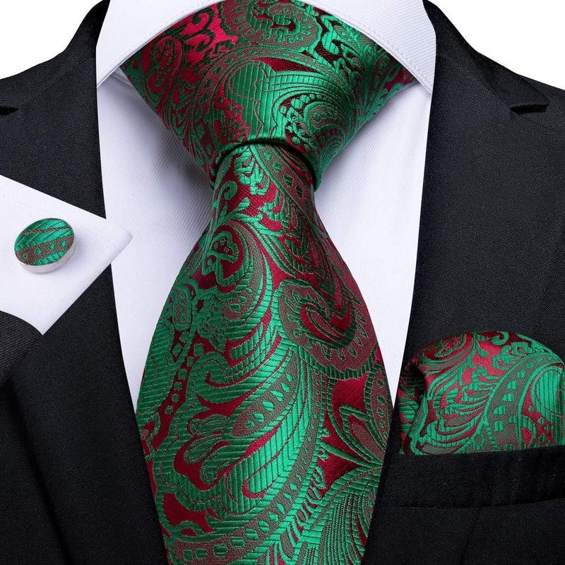 Men's Christmas Tie Silk Woven Jacquard Necktie Set with Pocket Square Cufflinks for Xmas Party Prom