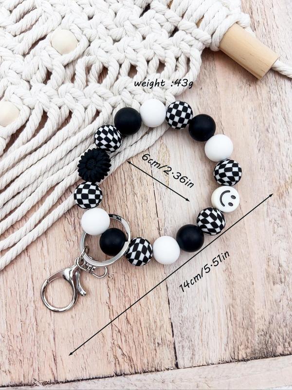 Boho Style Checkerboard Pattern Silicone Beaded Keychain, Cute Flower & Smile Face Charm Keychain, Fashion Accessories for Women & Men