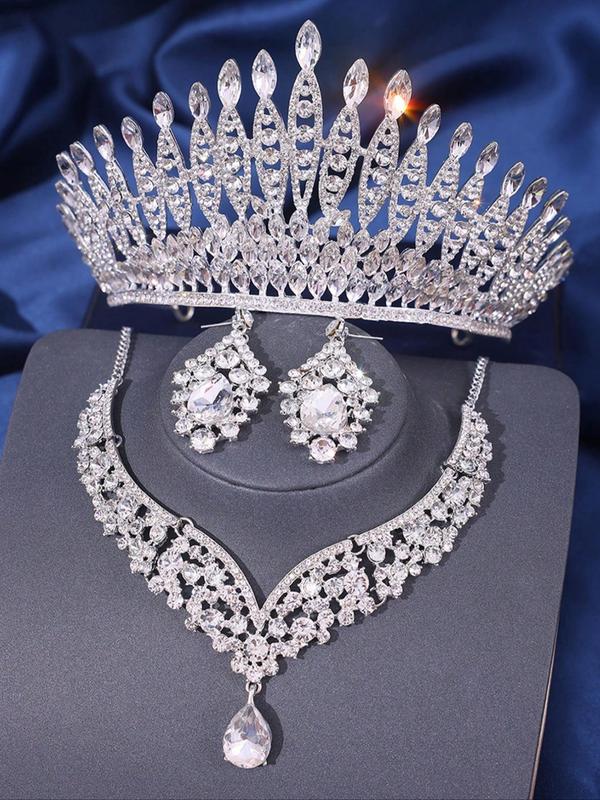 4pcs set Rhinestone Decorated Crown & Necklace & Earrings, Elegant Wedding Bridal Jewelry Set, Bridal Party Favor for Women Girl Gift