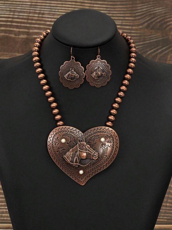 Women's Boho Style Vintage Jewelry Set, 3 Counts set Trendy Heart & Flower Design Beaded Necklace & Dangle Earrings, Chic Retro Jewelry Set As Gift for Girlfriend