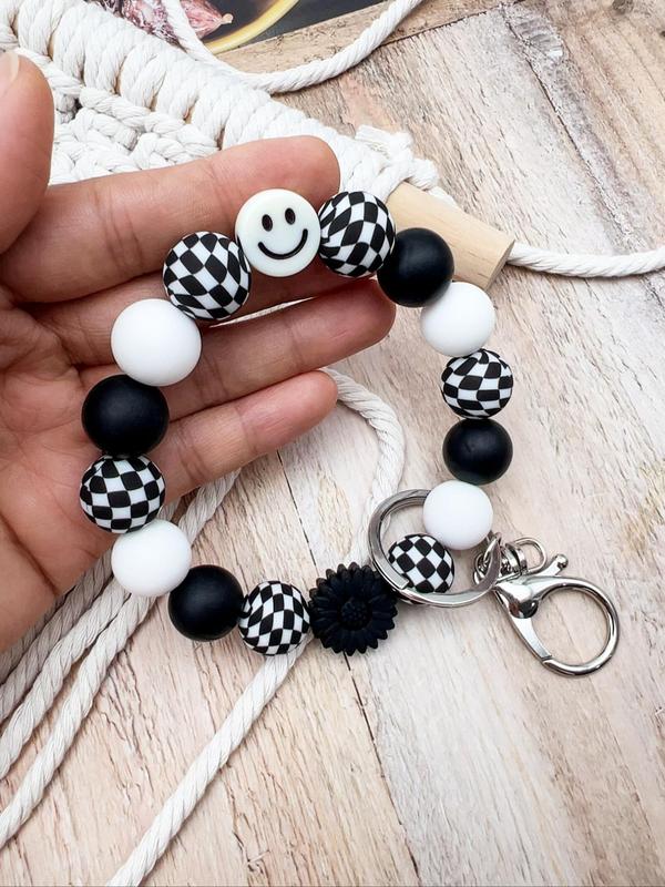 Boho Style Checkerboard Pattern Silicone Beaded Keychain, Cute Flower & Smile Face Charm Keychain, Fashion Accessories for Women & Men