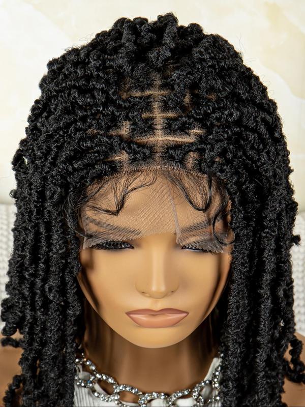 12 14 16 Inch Black Long Straight Synthetic Braided Lace Wigs for Women, Gorgeous Fluffy Wigs without Bangs, Synthetic Braided Half Lace Wigs for Party, Daily Use