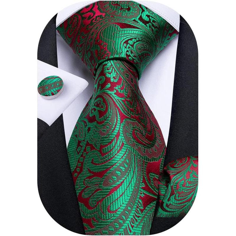 Men's Christmas Tie Silk Woven Jacquard Necktie Set with Pocket Square Cufflinks for Xmas Party Prom