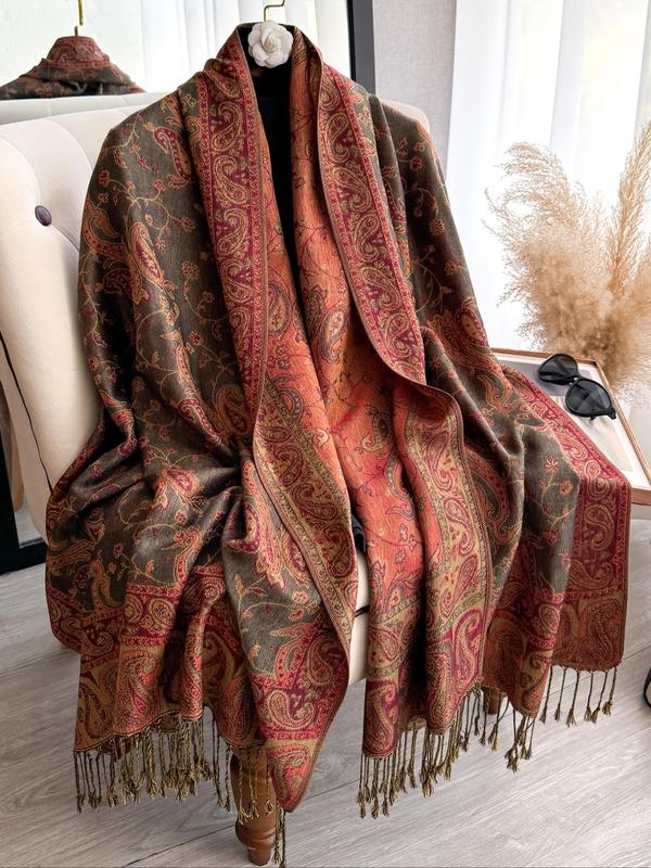 Boho Style Paisley Print Long Scarf, Casual Versatile Tassel Decor Shawl for Women, Fashion Accessories for Daily Wear