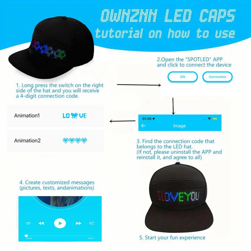 (YOYOWAY) LED Rolling Display Hat, Customized Gif, Picture And Text, Bluetooth App Controlled 2024 Detachable Led Display Baseball Cap BlackFriday