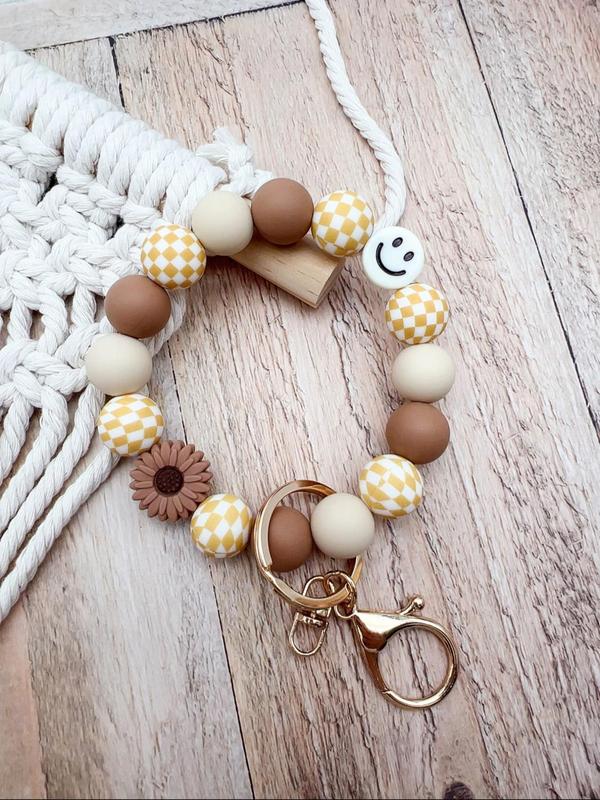 Boho Style Checkerboard Pattern Silicone Beaded Keychain, Cute Flower & Smile Face Charm Keychain, Fashion Accessories for Women & Men