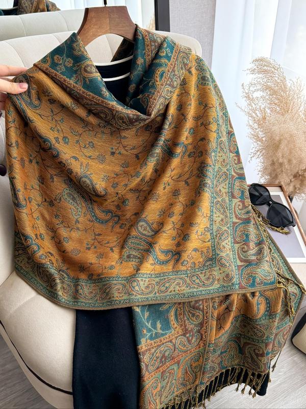 Boho Style Paisley Print Long Scarf, Casual Versatile Tassel Decor Shawl for Women, Fashion Accessories for Daily Wear