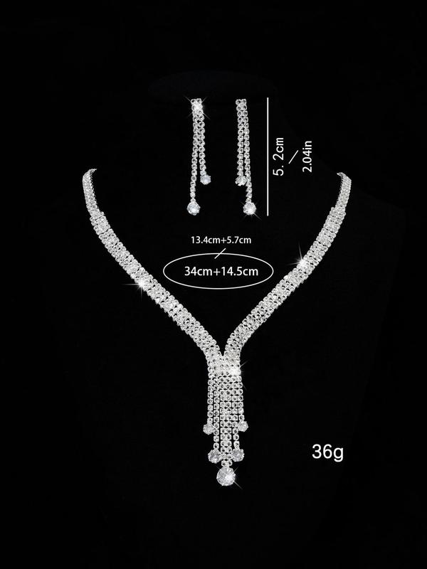 Women's Elegant Rhinestone Decorated Necklace & Dangle Earrings, Exquisite Trendy Jewelry Set, Fashionable Jewelry Set for Party Decoration