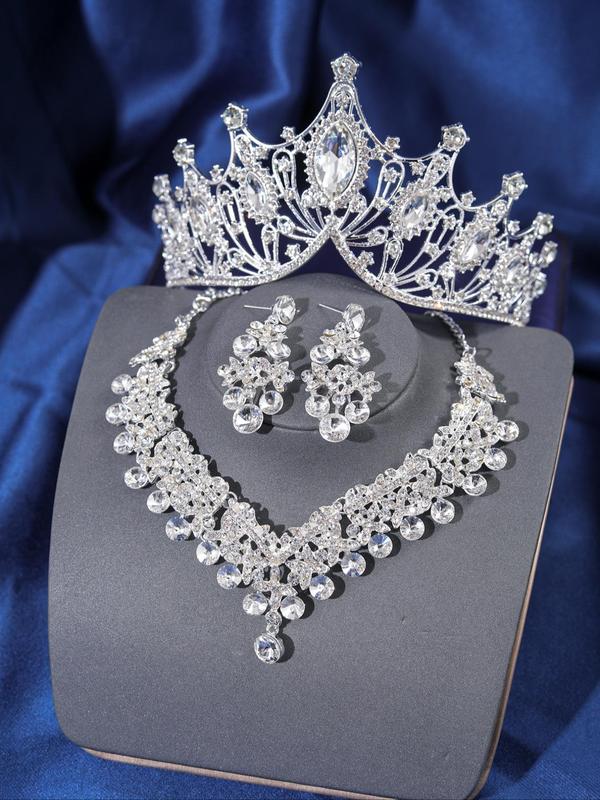 Rhinestone Decorated Bridal Headwear & Jewelry Set, Including Hollow Out Crown & Necklace & Dangle Earrings, Elegant Luxurious Wedding Prom Decor Jewelry, Women's Wedding Accessories