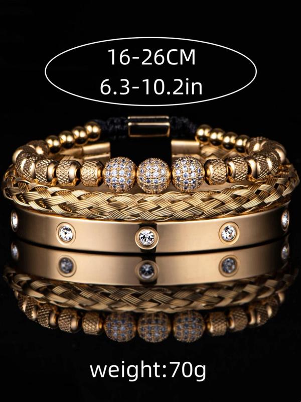 Men's Elegant Artificial Zircon Decorated Bracelet Set, Stainless Steel Bangle & Cuff Bracelet & Beaded Bracelet, Fashion Jewelry for Party, Daily Decor, Exquisite Jewelry for Birthday Gift, Country Boy Accessories