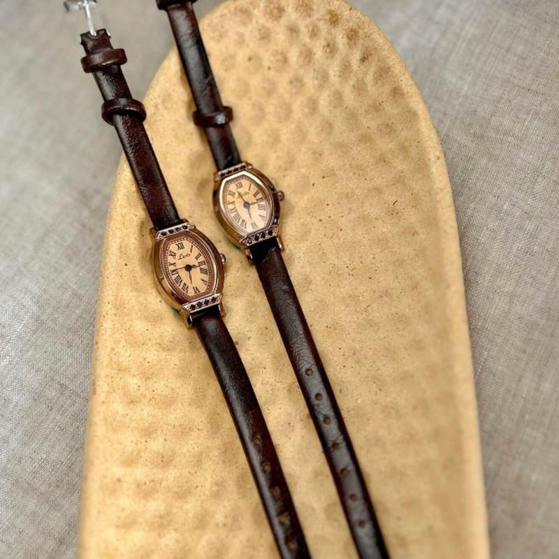 Women's Coffee Brown Leather Strap Watch, Barrel Shaped Dial for Daily Wear and Parties