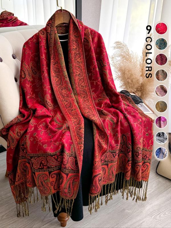 Boho Style Paisley Print Long Scarf, Casual Versatile Tassel Decor Shawl for Women, Fashion Accessories for Daily Wear