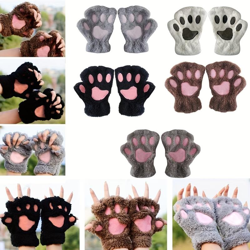 Cute Cat's Paw Plush Gloves Winter Half Finger Warm Cartoon Cat's Paw Gloves Thick Soft Short Touchpad Sensible Gloves