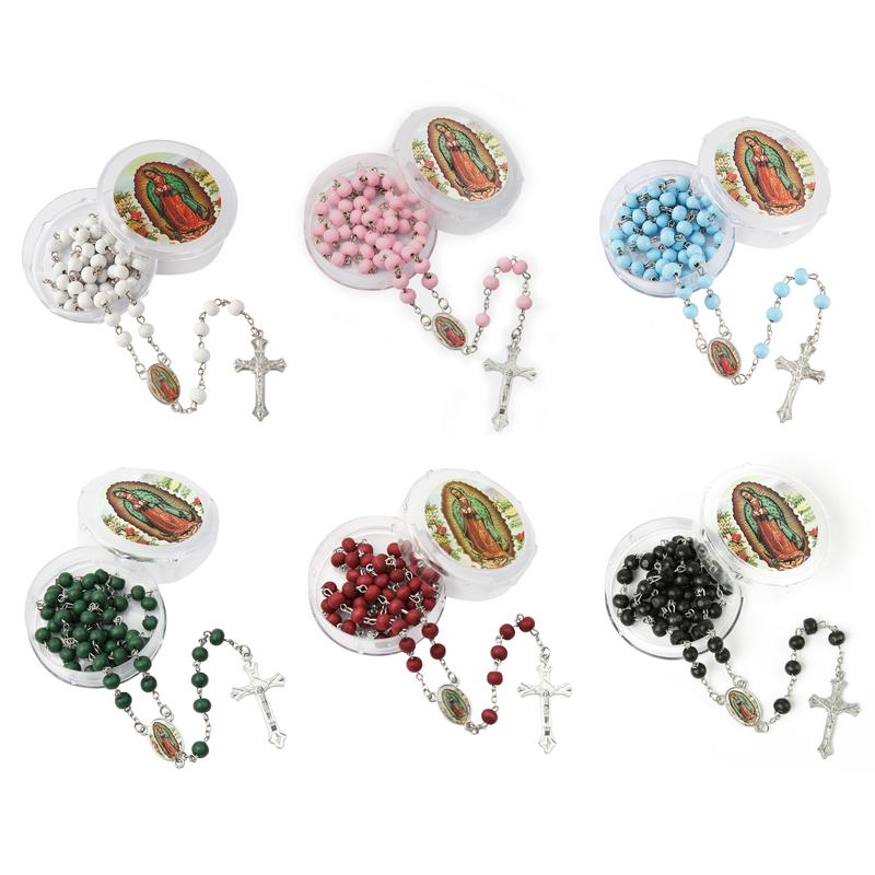 Religious prayer Our Lady of Guadalupe(Virgen De Guadalupe)Scented Wooden beads rosary cross with jesus Recuerdos de Bautizo