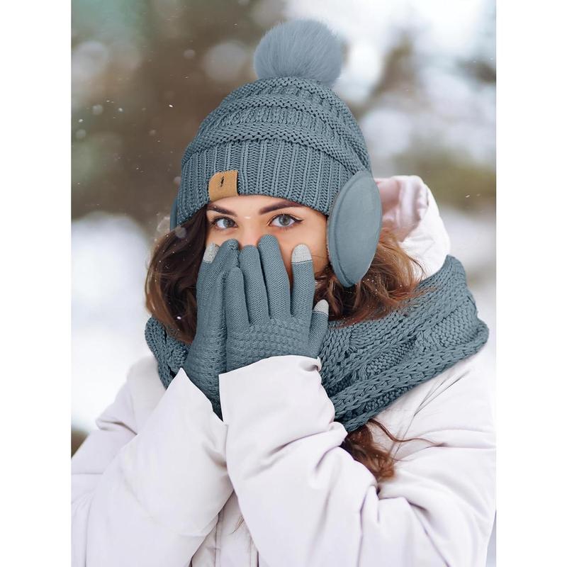 Winter Hat Scarf Gloves and Ear Warmer, Warm Knit Beanie Hat Touch Screen Gloves Set Winter Gifts  Scarves for Women