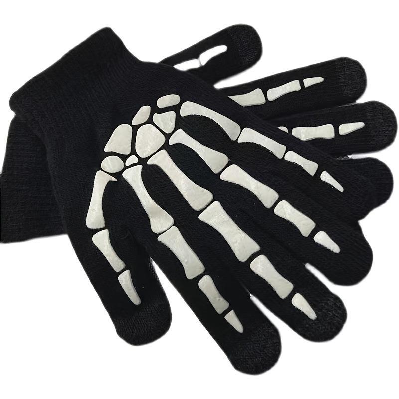 Skeleton Pattern Touch Screen Luminous Gloves, 1 Pair Outdoor Cycling Warm Knit Gloves, Sports & Outdoor Accessories for Women & Men