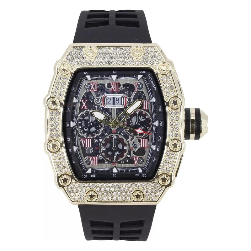 Hip Hop Style Iced Gold Silver Tone Luxury Silicone Band Date Bling Lab Diamond Bezel Watch Wristwatch