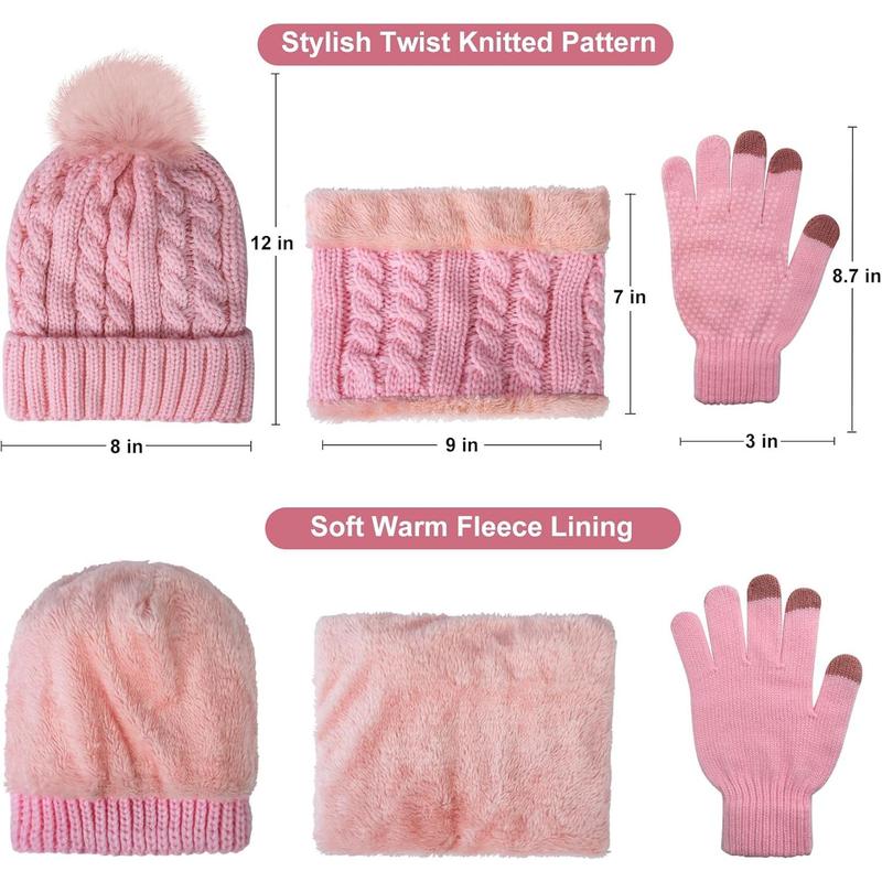 Womens Winter Hat Scarf Glove Set Warm Fleece Lined Pom Beanie Hat Neck Warmer and Touchscreen Gloves