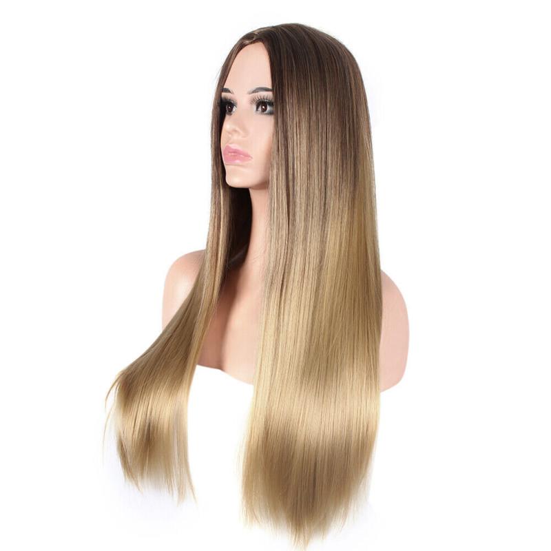 Women Real Long Straight Hair Wigs Ladies Natural Ombre Blonde Cosplay Full Wig