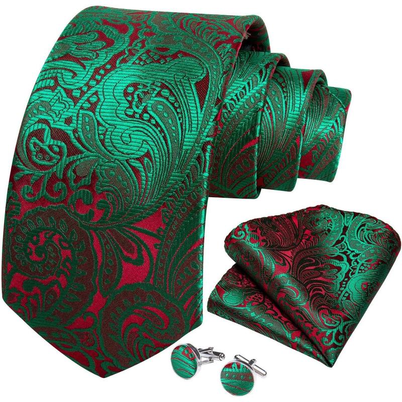 Men's Christmas Tie Silk Woven Jacquard Necktie Set with Pocket Square Cufflinks for Xmas Party Prom