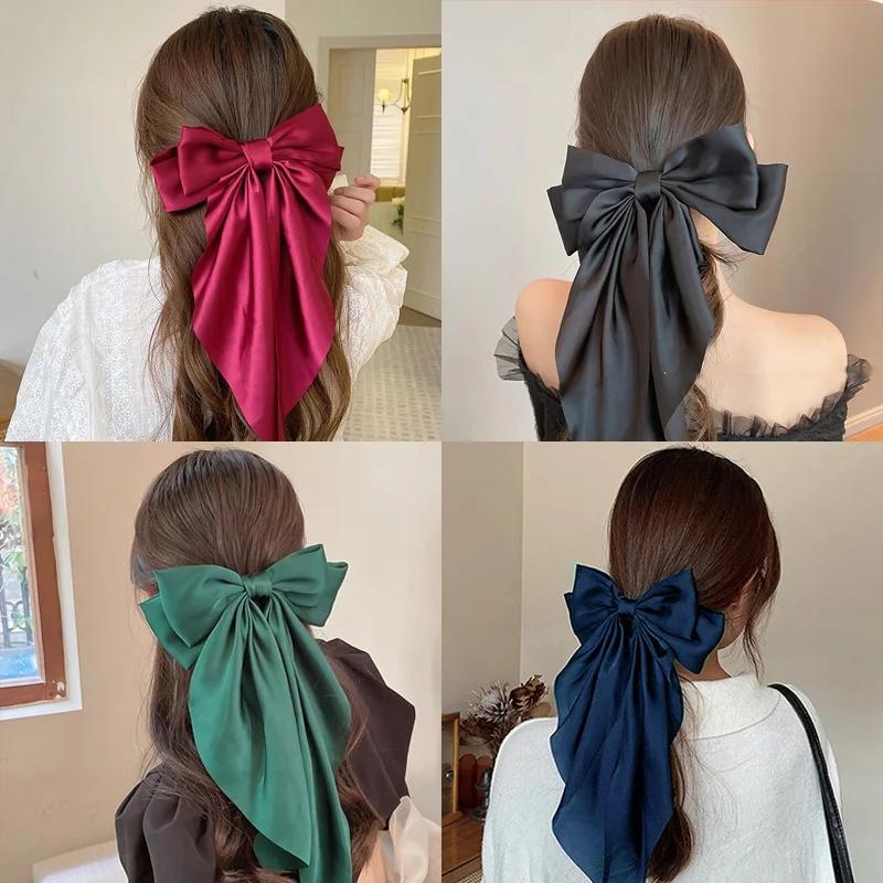 Women's Chiffon Bow Hair Clip - Large Bowknot Stain Hairpin Barrettes - Solid Color Ponytail Clip - Velcro Bow - Hair Accessories Headwear Gift velcro  bows