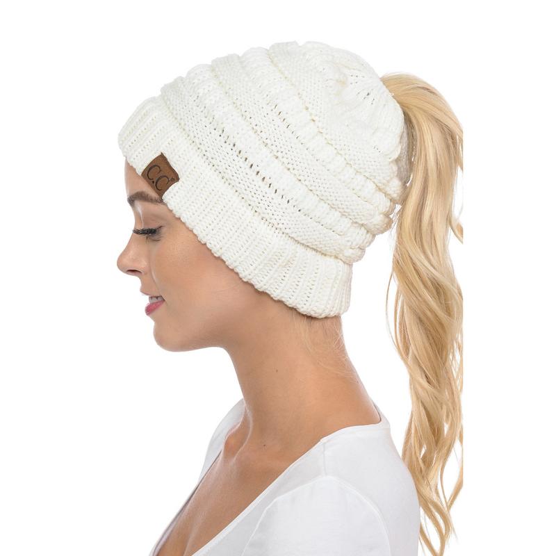 Soft Stretch Cable Knit Warm Hat High Bun Ponytail Beanie - C.C Solid MB20A