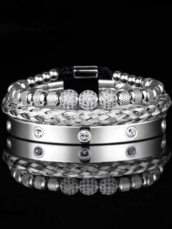 Men's Elegant Artificial Zircon Decorated Bracelet Set, Stainless Steel Bangle & Cuff Bracelet & Beaded Bracelet, Fashion Jewelry for Party, Daily Decor, Exquisite Jewelry for Birthday Gift, Country Boy Accessories