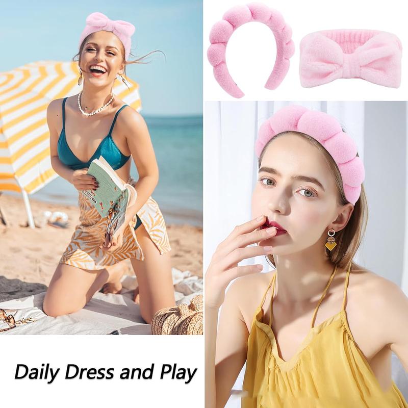 Makeup Hair Accessories Set - 4 Pcs Face Wash Headbands, Pink Puffy Sponge Bow Tie Headbands and Wristbands, Skincare Gift Set for Women and Girls