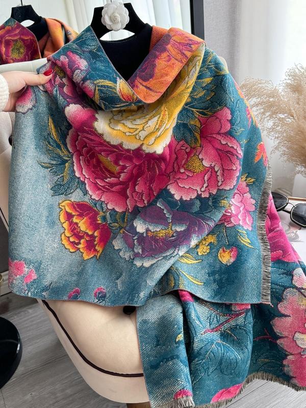 Women's Animal Butterfly & Floral Print Raw Trim Shawl, Imitation Cashmere Scarf, Casual Soft Warm Long Scarf for Fall & Winter, Fashion Accessories for Women & Girls