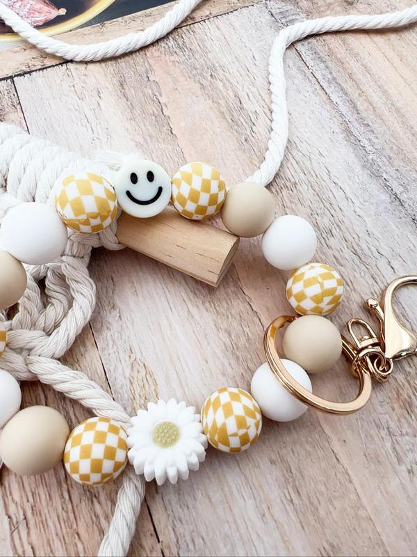 Boho Style Checkerboard Pattern Silicone Beaded Keychain, Cute Flower & Smile Face Charm Keychain, Fashion Accessories for Women & Men