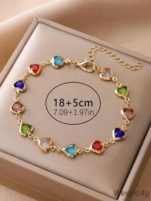 Colorful Heart Design Link Bracelet, Rhinestone Decor Jewelry for Party, Daily Clothing Decor, Trendy All-match & Exquisite Jewelry for Fall Festival Birthday Gift