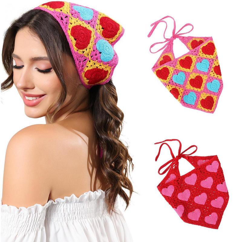 AWAYTR 2Pcs Set Crochet Bandanas for Women Heart Shape Fashion knitted Headbands Hair Scarf Kerchief Head Wraps