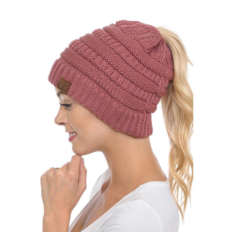 Soft Stretch Cable Knit Warm Hat High Bun Ponytail Beanie - C.C Solid MB20A