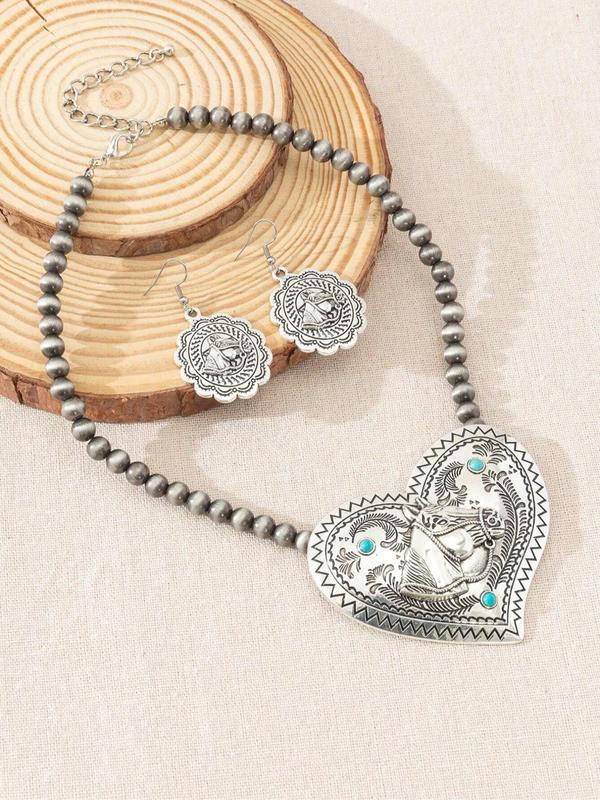 Women's Boho Style Vintage Jewelry Set, 3 Counts set Trendy Heart & Flower Design Beaded Necklace & Dangle Earrings, Chic Retro Jewelry Set As Gift for Girlfriend