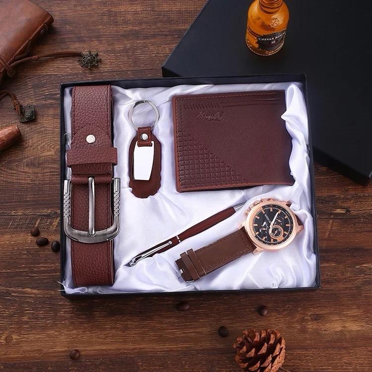 Men's Gift Set With Box Brown Leather Belt Wallet