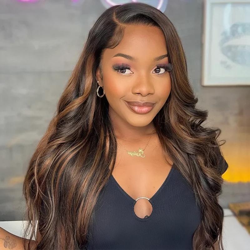 Tinashe 100% Human Hair Wear & Go Glueless Wig Ombre Highlight Brown Color 6x5 Pre-cut HD Lace Pre-Bleached Knots Pre-plucked Hairline