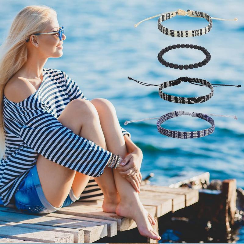 4pcs Beach Bracelet Set. For Men and Women. Surfer Men Bracelet. Braided Boho. Summer Bracelets. Adjustable. Handmade. Women & Girls.