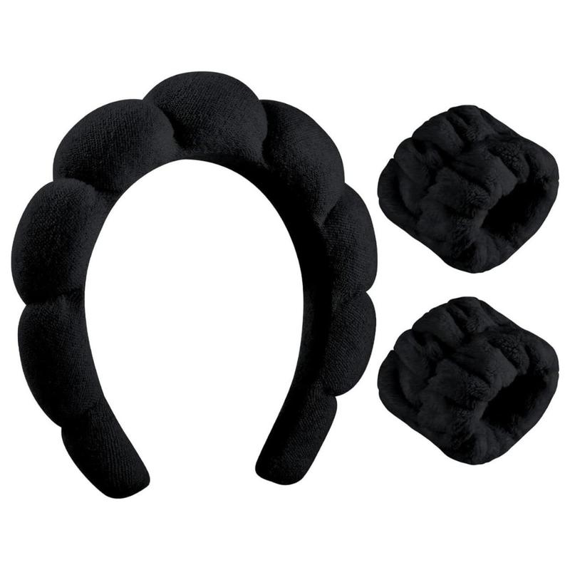 Sponge Spa Headband for Women, Black Makeup Headband and Wrist Washband Set for Face Washing, Skincare, Shower, Makeup Removal(Creative Life Pavilion)