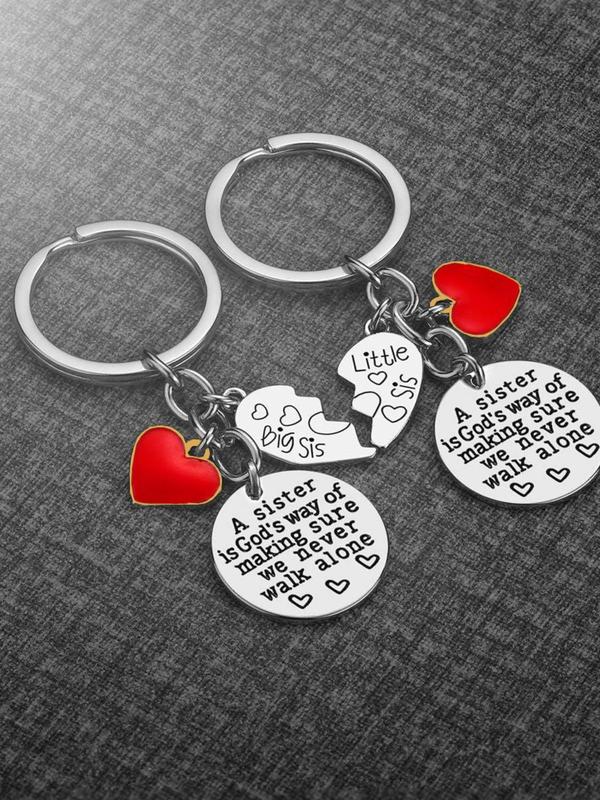 Fashion Letter Pattern Heart Charm Design Sisiter Keychain, Stainless Steel Keychain for Women & Men, Trendy All-match & Exquisite Keychain for Birthday Gift